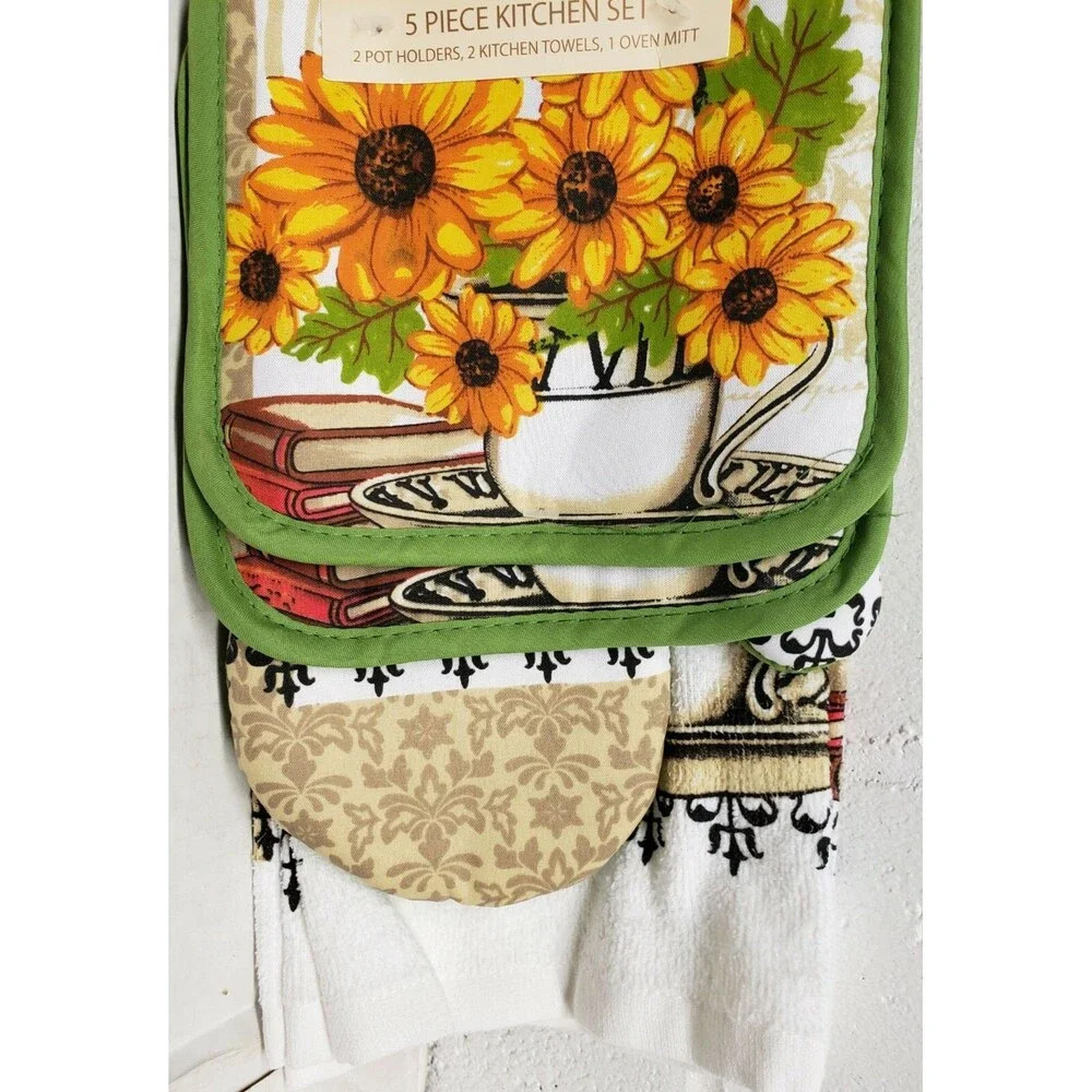5pc Set: 2 Pot Holders, 1 Oven Mitt & 2 Same Towels, SUNFLOWERS & BOOKS,green,KC